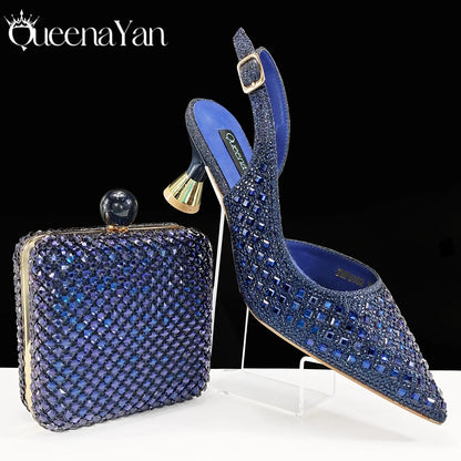 Italian Design Rhinestone Luxury Green Colour Pointed Toe Shoe & Bag Set Women's High Heels for Parties High Quality