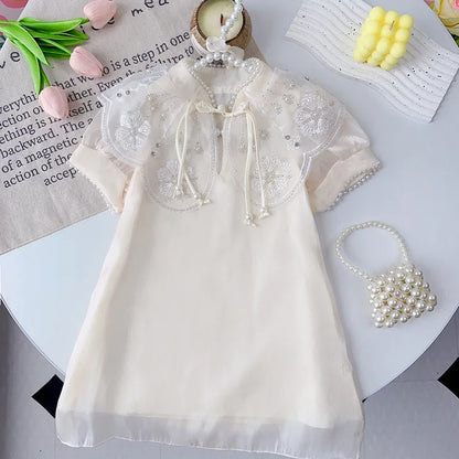 Summer New Chinese Style Elegant White Lace Flower Embroidered Short Sleeve Dress Sweet Girl's Clothes 2-7 Year Old Cheongsam