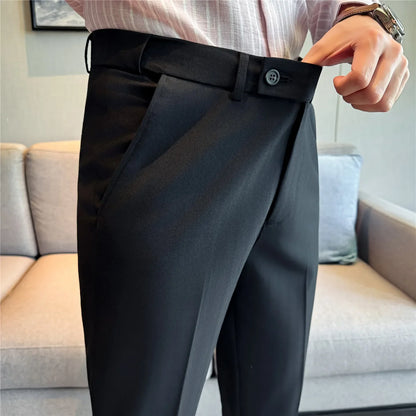 Autumn Winter Thicken Elastic Waist Casual Suit Pants High Quality Men Woven Dark Striped Slim Fit Office Social Dress Trousers