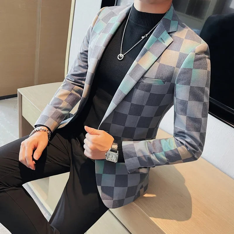 British Style Luxury Plaid Suit Jacket 2025 Spring New Men High-end Business Slim Blazers Groom Wedding Social Party Dress Coats