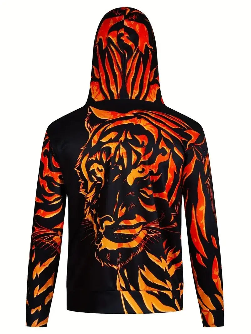 Men's 3D Tiger Graphic Hoodie, Active Slightly Stretch Breathable Hooded Sweatshirt For Outdoor 2023 Autumn and Spring Fashion