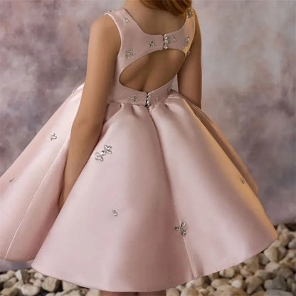 Kids Princess Satin Crystals Pearls Flower Girl Dress Children First Communion Dress Ball Gown Wedding Party Dress Birthday Show