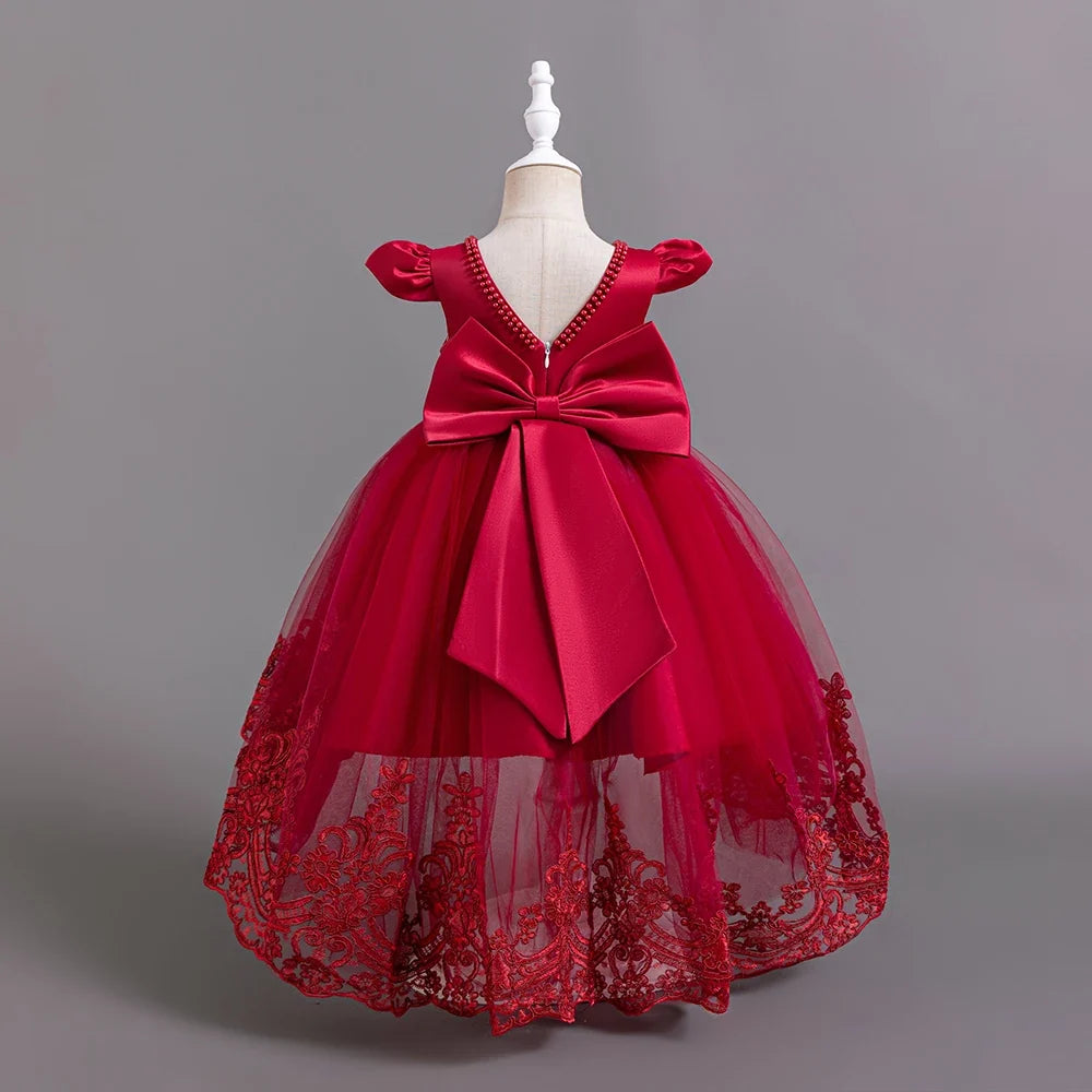 Girls Flower Embroidery Party Dresses Kids Summer Formal Holiday Birthday Gown Kids Trailing Evening Princess Clothes 1-6