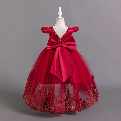 Girls Flower Embroidery Party Dresses Kids Summer Formal Holiday Birthday Gown Kids Trailing Evening Princess Clothes 1-6