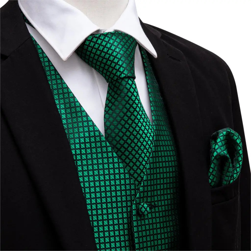 Green Suit Vest Men Paisley Waistcoat Plaid Silk Tie Handkerchief Cufflinks for Wedding Summer Vests Tuxedo MJ-2004 Barry.Wang