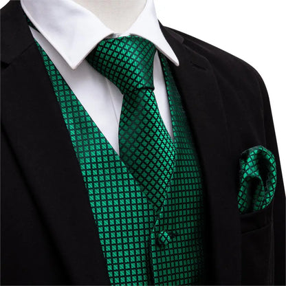 Green Suit Vest Men Paisley Waistcoat Plaid Silk Tie Handkerchief Cufflinks for Wedding Summer Vests Tuxedo MJ-2004 Barry.Wang