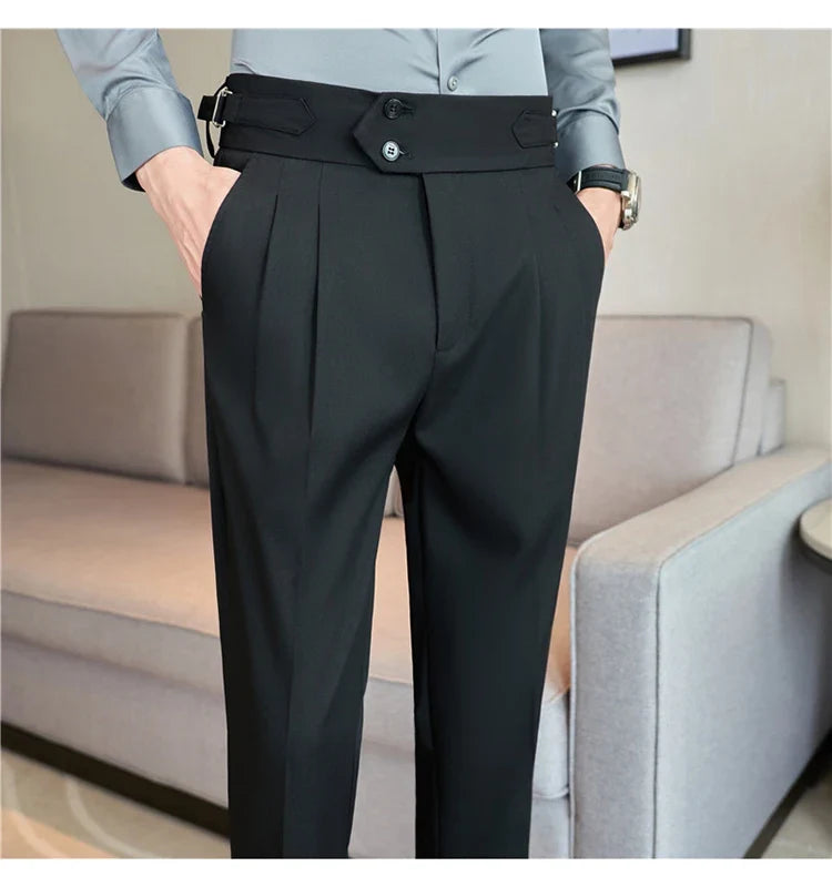 British Style Autumn New High Waist Trousers Men Belt Design Slim Fit Suit Pants Office Social Wedding Party Formal Pants Hommes