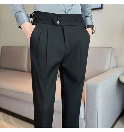 British Style Autumn New High Waist Trousers Men Belt Design Slim Fit Suit Pants Office Social Wedding Party Formal Pants Hommes