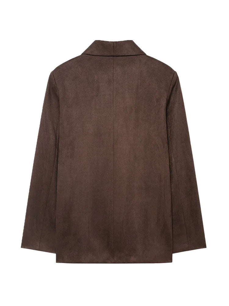 Women's Chic Faux Suede Leather Blazer Coat Long Sleeve with Welt Pockets Fashion Outerwear