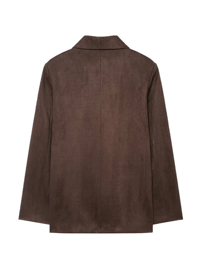 Women's Chic Faux Suede Leather Blazer Coat Long Sleeve with Welt Pockets Fashion Outerwear