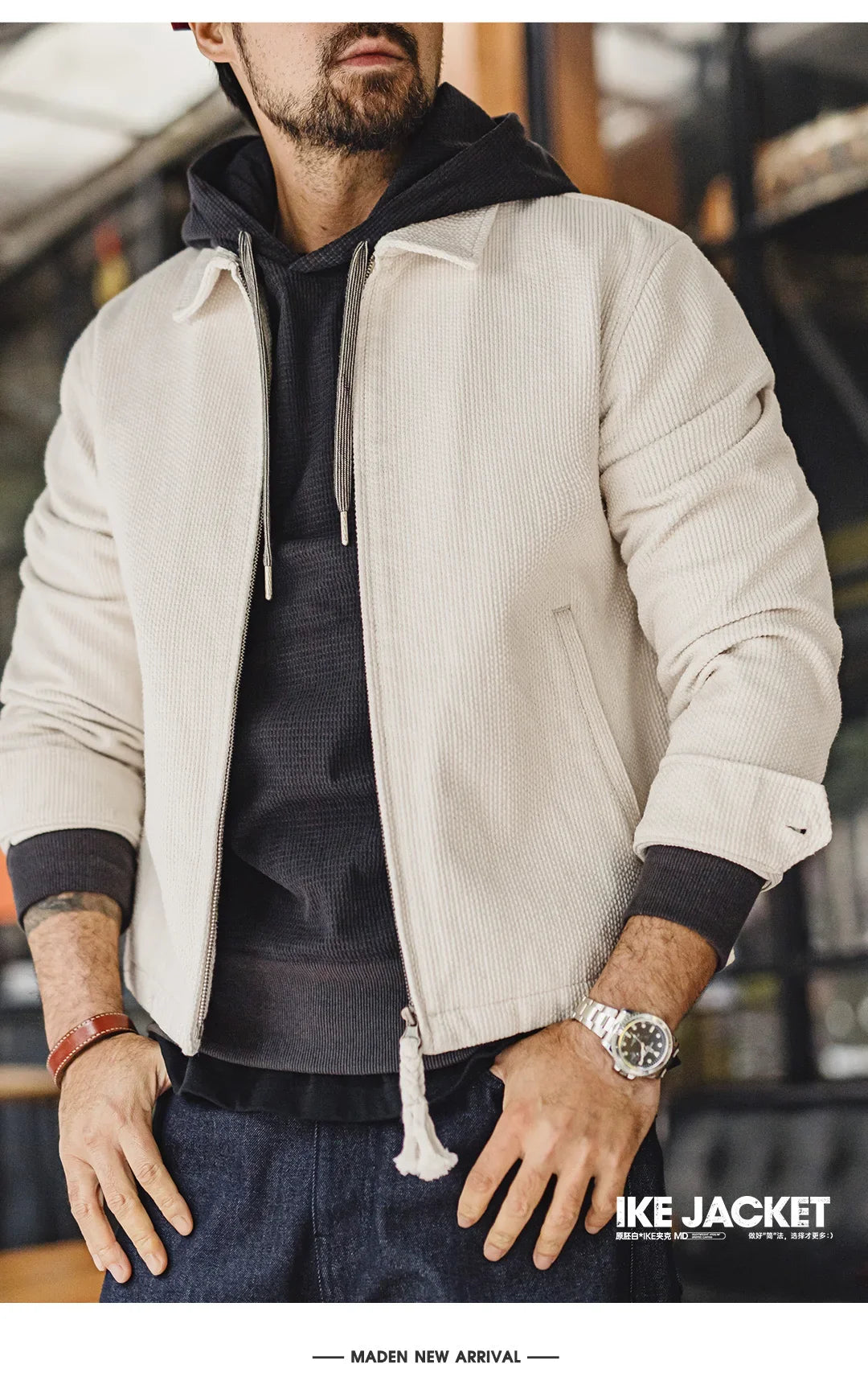 Men's Vintage White Jacket Heavyweight Cotton Turn-Down Collar Zip-Up Short Outwear Canvas Fitted Fit Spring Autumn Coat