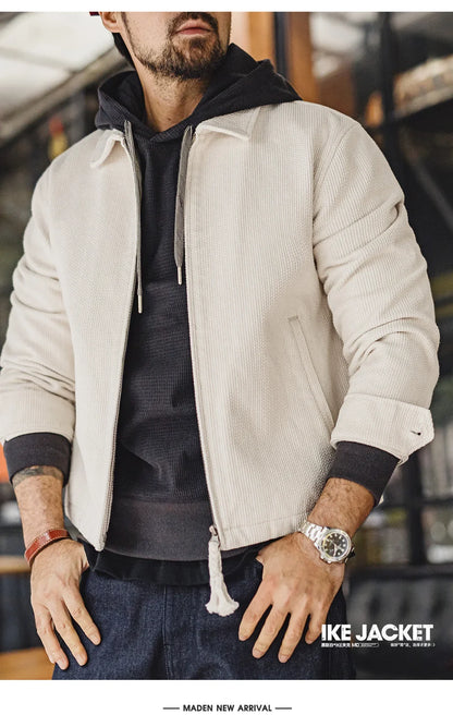 Men's Vintage White Jacket Heavyweight Cotton Turn-Down Collar Zip-Up Short Outwear Canvas Fitted Fit Spring Autumn Coat