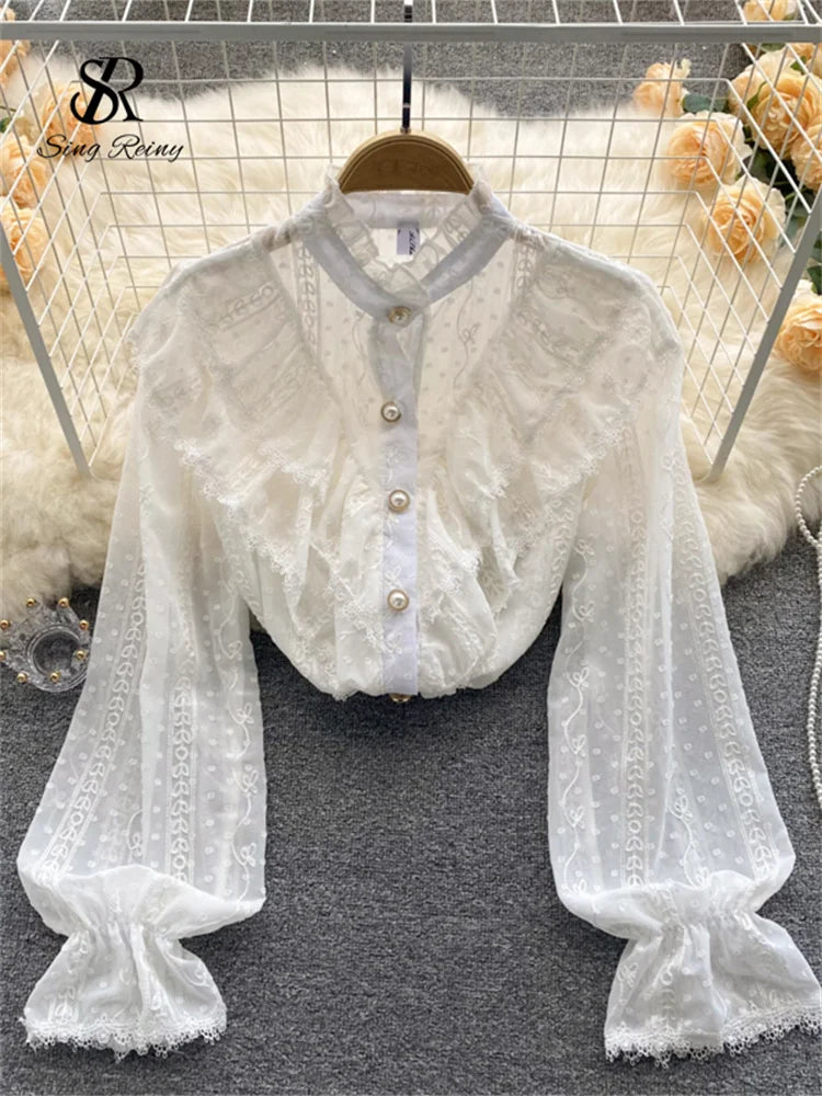 Elegant French Blouse Women Temperament Sweet Ruffles Loose Casual Tops Spring Long Sleeve Streetwear White Shirts