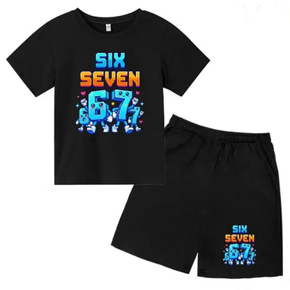 Boys Girls 3-12Y Summer Fashion Outfit 67 Number Cartoon Print T-shirt and Shorts Casual Two-Piece Clothing Set