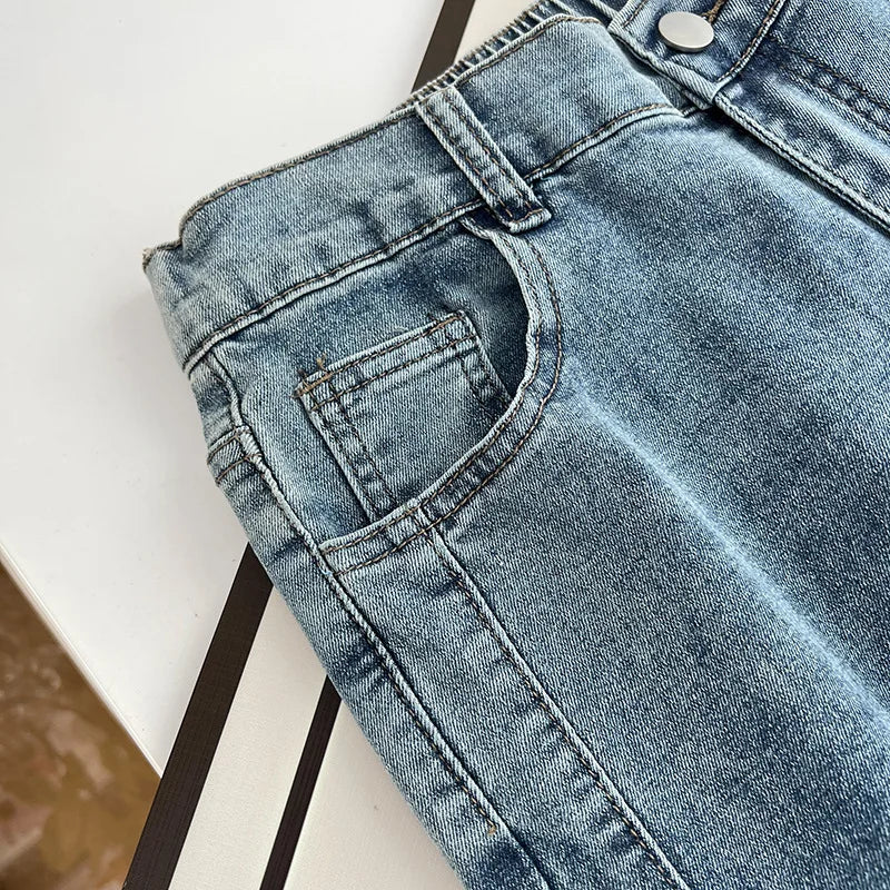 Women's Split Leg Opening Drainpipe Jeans, Casual Ankle Length Denim Pants, Straight Leg, Plus Size, Spring, Autumn, 100kg, 1649