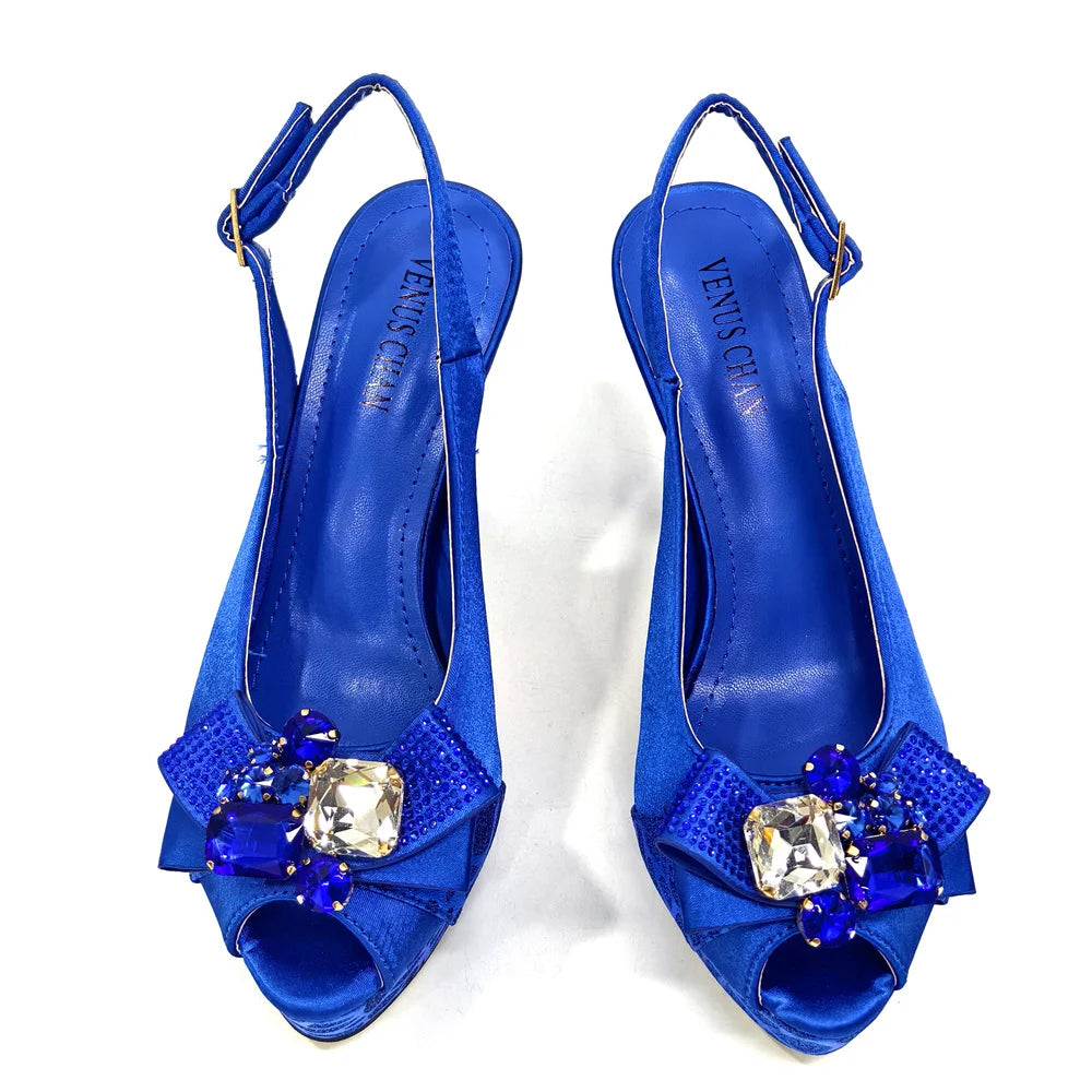 Shoes for Women High Heels INS Style Rhinestone Peep Toe Bow Gold Color New Italian Shoes and Bag for Party 2024