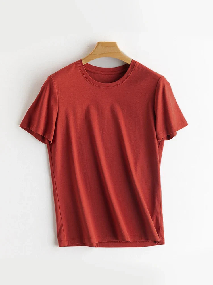 Women Solid T shirts, Silk Cotton Blend, O Neck, Short Sleeved Solid Tee,2025 Summer Candy Colors Basic Cozy Top Green
