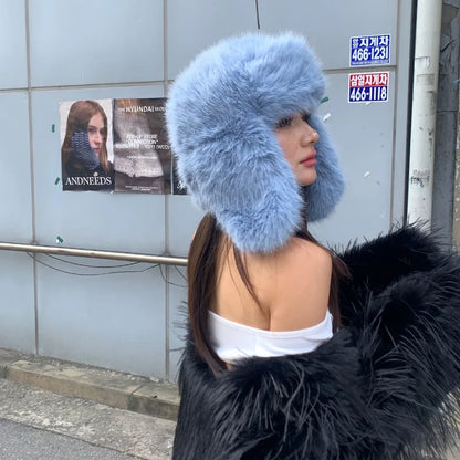 Korean Ins Imitation Mink Plush Hat Winter Women Ear Protection Bomber Hats Fashion Warm Fluffy Faux Fur Ski Beanies Y2k Gift
