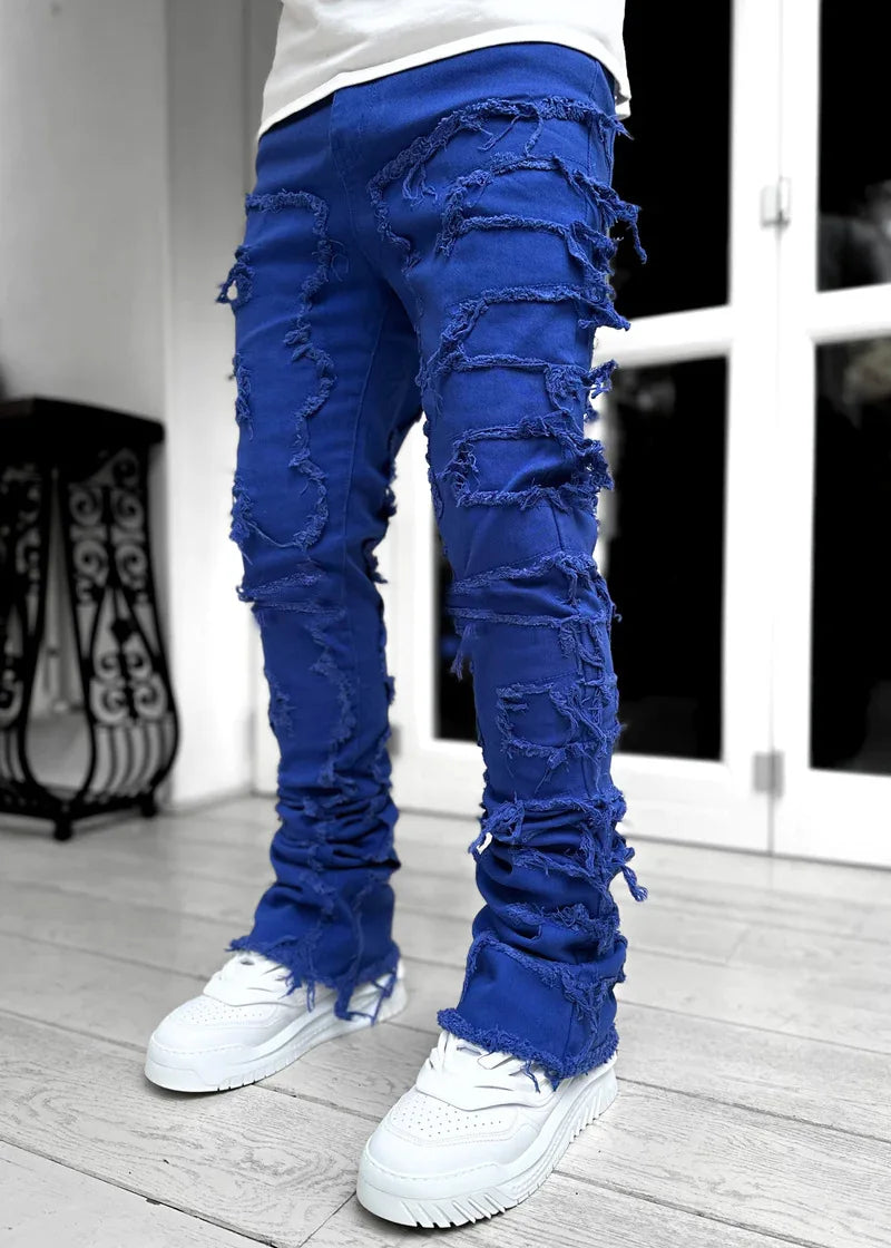 New European and American Heavyweight Streetwise Stretch Patch Jeans for Men, High Street Straight Fit Long Jeans16-3001