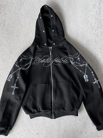 Winter Fashion Streetwear Women's Gothic Punk Faux Fur Hooded Jacket With Cross Print Trendy Edgy Zip - Up Sweatshirt 2026 New