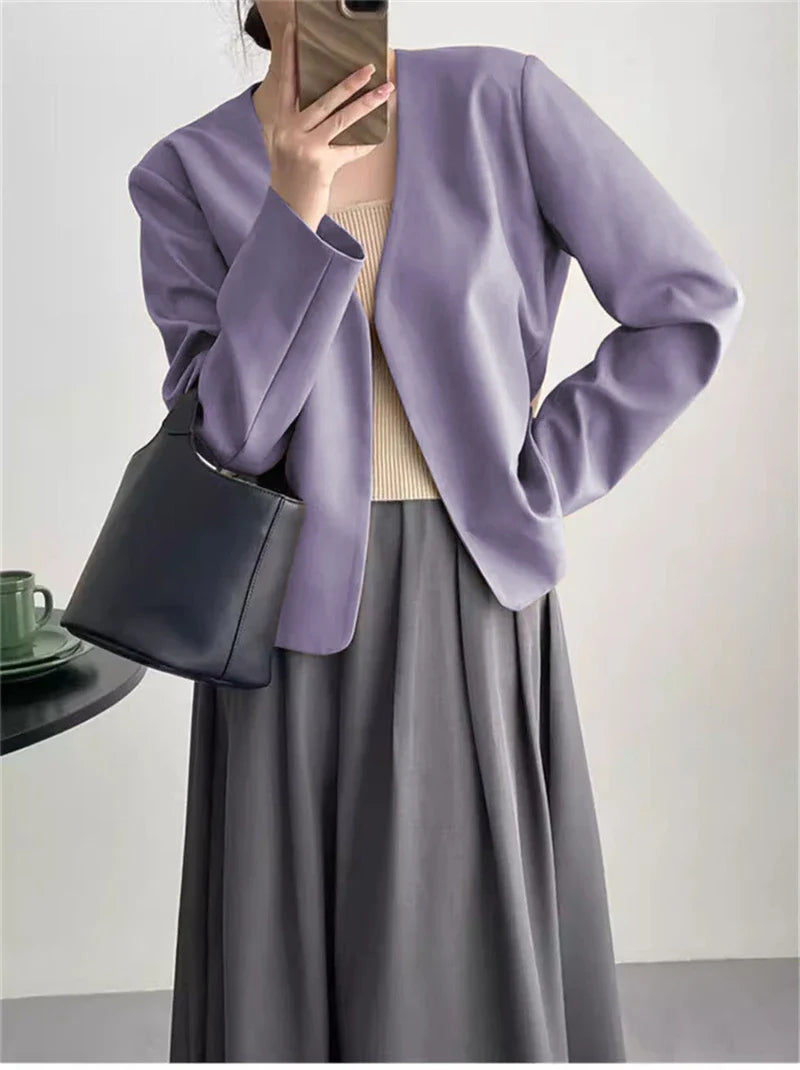 2025 Spring Autumn Fashion New Women's Suit Jackets Solid Short Coats Korean Blazers Long Sleeve Cardigan Coat Without Placket