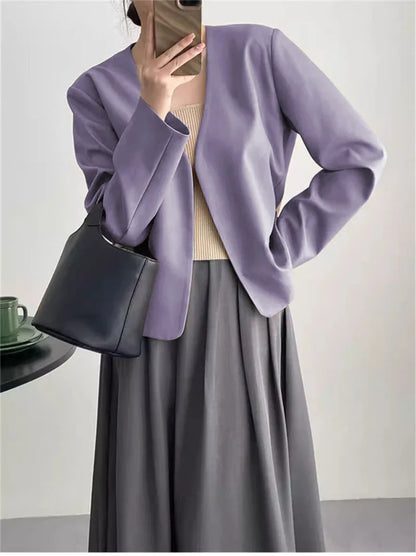 2025 Spring Autumn Fashion New Women's Suit Jackets Solid Short Coats Korean Blazers Long Sleeve Cardigan Coat Without Placket