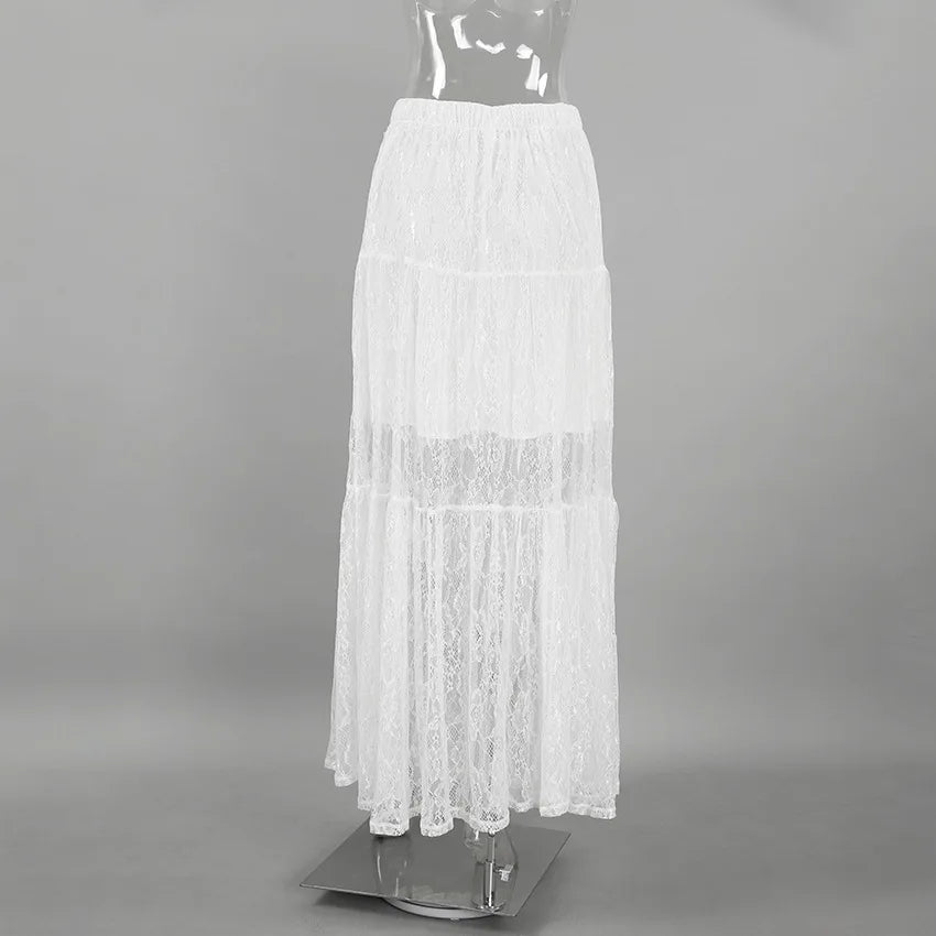 Lace Jacquard Transperant Skirt Women Summer New High Waist Sexy Casual Long Skirts 2025 Streetwear Fashion White Maxi Skirt