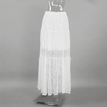 Lace Jacquard Transperant Skirt Women Summer New High Waist Sexy Casual Long Skirts 2025 Streetwear Fashion White Maxi Skirt