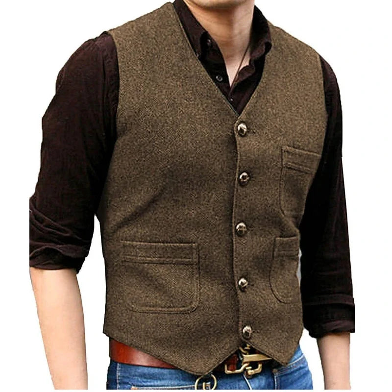 Men Vest Dark Green Herringbone Single Button V Neck With Pocket Waistcoat For Wedding Banquet Business Casual Work Men Suit
