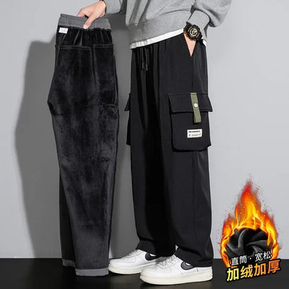 2026 Cargo Pants Men Straight Fit Wide Leg Fleece Lined Trouser Male Winter Fashion Loose Baggy Large Plus Size Warm Streetwear