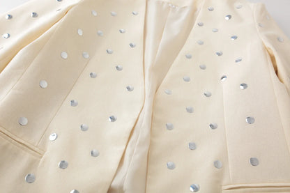Women's Rivet Decoration Casual Blazer Long Sleeve V Neck Beige Spring Fall Coat