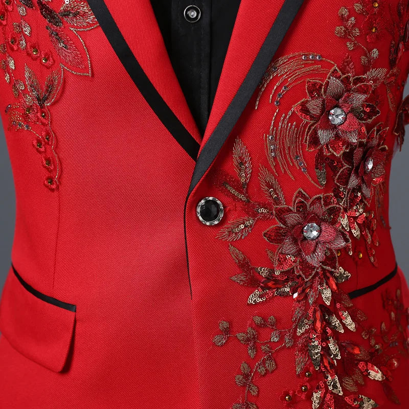 Host Singer Stage Nightclub Bar Performance Dress Set,Three-dimensional Double-sided Flower and Diamond Inlaid Men Suits 2-piece