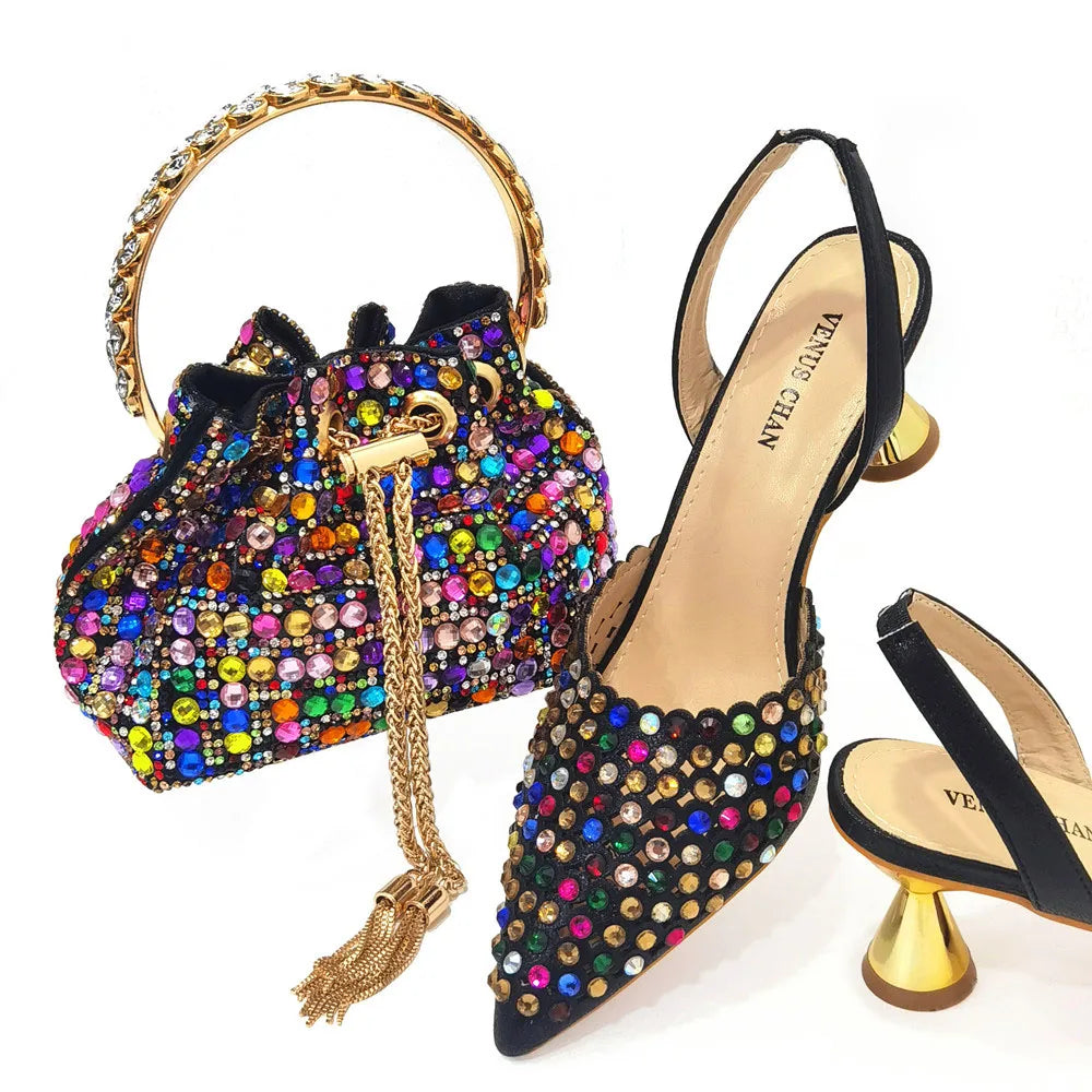 Shoes for Women High Heels 2023 Pointed Luxury Designer Colorful Stones Evening Party Matching Shoes and Bags Sets