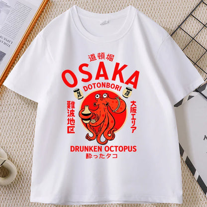 Japanese Style T-shirt drunken octopus Osaka Tshirt Seafood Men Women Graphic Tee Cotton Printed Short Sleeve T Shirt Streetwear