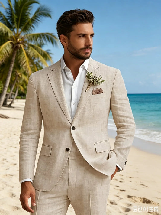 Beige Linen 2 Piece Men's Slim Fit Suit Notch Lapel Two Buttons Blazer And Pants Set for Groom Tuxedos Wedding Prom Beach Summer
