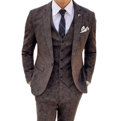 Coffee Brown Men Striped Plaid 3-Piece, Dark Blue Wedding Party Slim Fit Blazers Jacket and Vest with Pants, Asian Size M-5XL