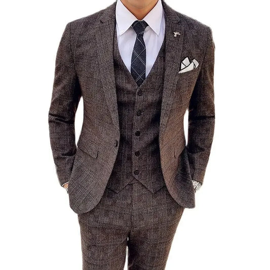 Coffee Brown Men Striped Plaid 3-Piece, Dark Blue Wedding Party Slim Fit Blazers Jacket and Vest with Pants, Asian Size M-5XL