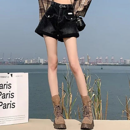 2024 Summer Women Shorts Pants Lady High Waisted Loose High Street Denim Pants Female Streetwear Black Gray Wide Leg Short Jeans