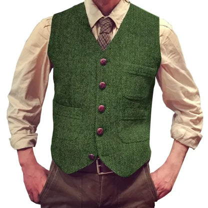 Herringbone Men Vest Dark Green Tweed Slim Casual Business Waistcoat For Wedding Party Banquet Work Prom Set Men Suit