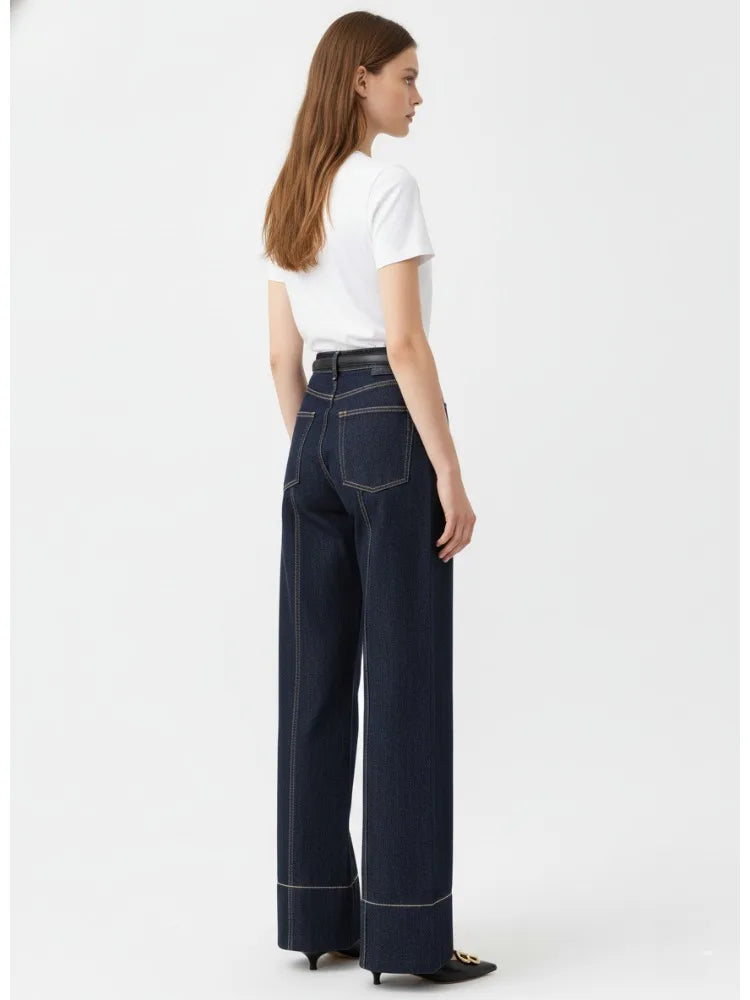 2026 Summer Women's Trendy Wide Leg Jeans Dark Blue High Waist Center Pleated Denim Pants with Contrast Stitching