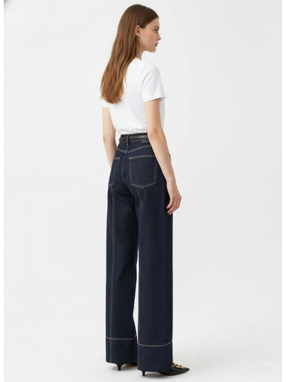 2026 Summer Women's Trendy Wide Leg Jeans Dark Blue High Waist Center Pleated Denim Pants with Contrast Stitching