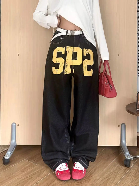 Black Gothic Hip-Hop Letter Printed Streetwear Men And Women Y2k Harajuku 2000s Vintage Fashion Casual Loose Wide-Leg Jeans