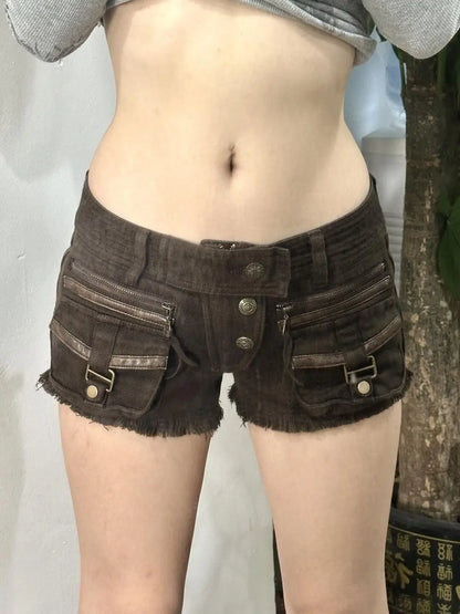 American Spice Girl Multi-Pocket Denim Shorts Women's New Low Waist Hips A-Word Y2k Hot Pants