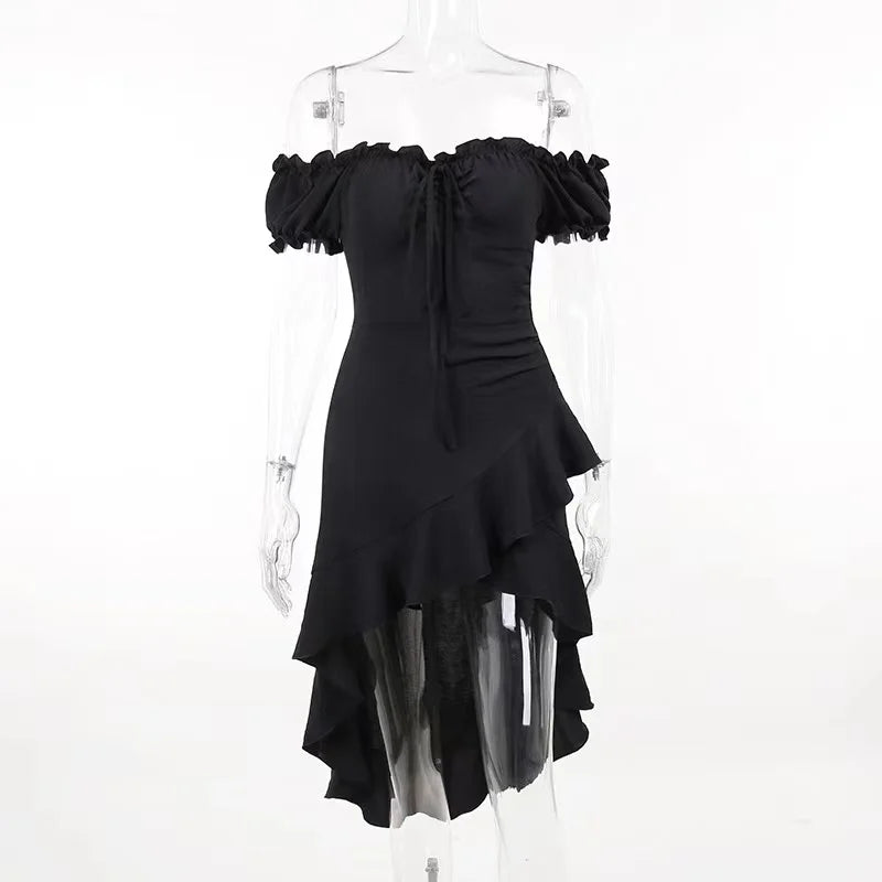 Summer Black A-LINE Dress Women Streetwear Sexy Off Shoulder Short Sleeves Ruffled Mid Length Dresses Club Elegant Partywear