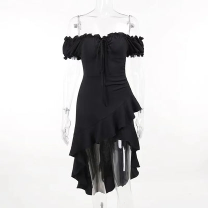 Summer Black A-LINE Dress Women Streetwear Sexy Off Shoulder Short Sleeves Ruffled Mid Length Dresses Club Elegant Partywear