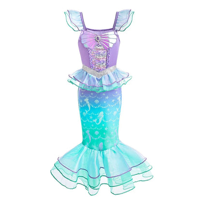 Halloween Costume Mermaid Dress Girl Ruffles Shell Fishtail Frocks Ariel Fantasy Luxury Princess Gown Children Fancy Fairy Dress
