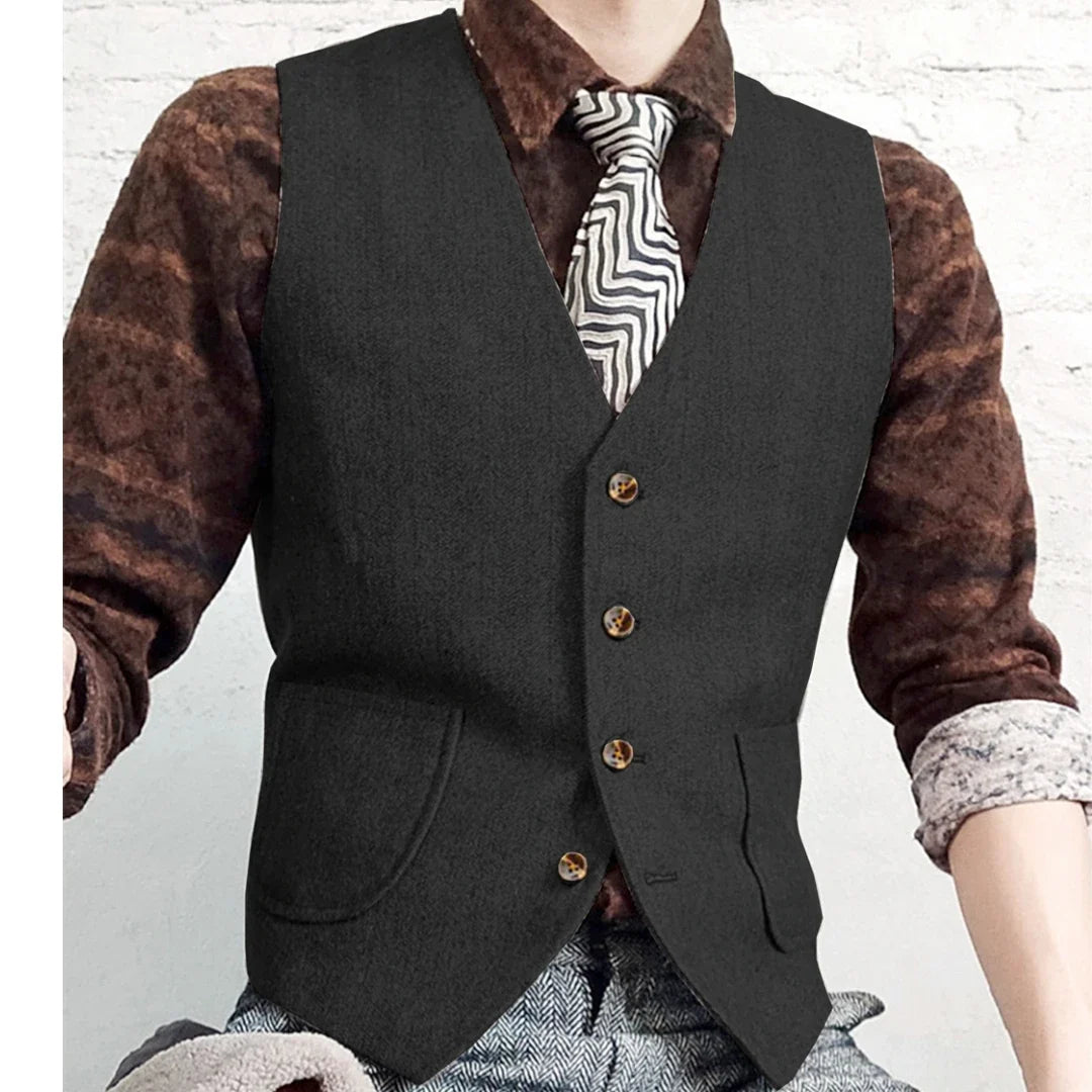 Men Vest Gray Herringbone Single Button V Neck Waistcoat For Wedding Banquet Business Office Work Daily Casual Men Suit Vest