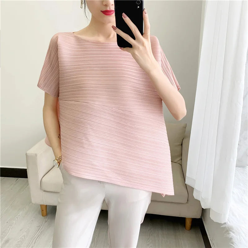 Miyake Irregular Short Sleeve Pleated Top Simple Loose Plus Size with Stretch T-Shirt Vacation Office Clothing Polyester Crepe