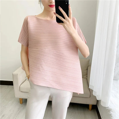 Miyake Irregular Short Sleeve Pleated Top Simple Loose Plus Size with Stretch T-Shirt Vacation Office Clothing Polyester Crepe