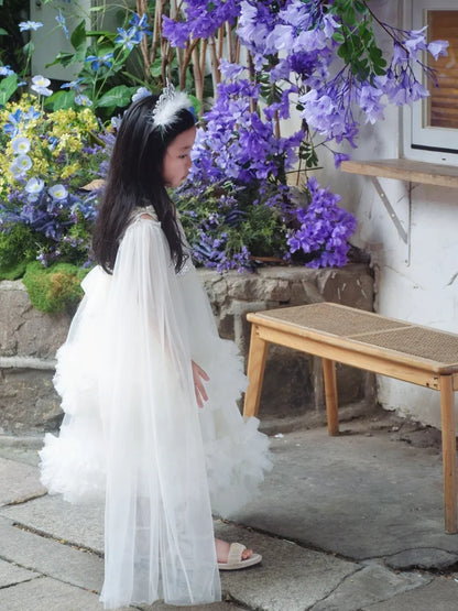Sweet Baby Girls 2026 Summer New High-end Tulle Sequin Formal Princess Gown Kids Performance White Tulle Birthday Party Dress